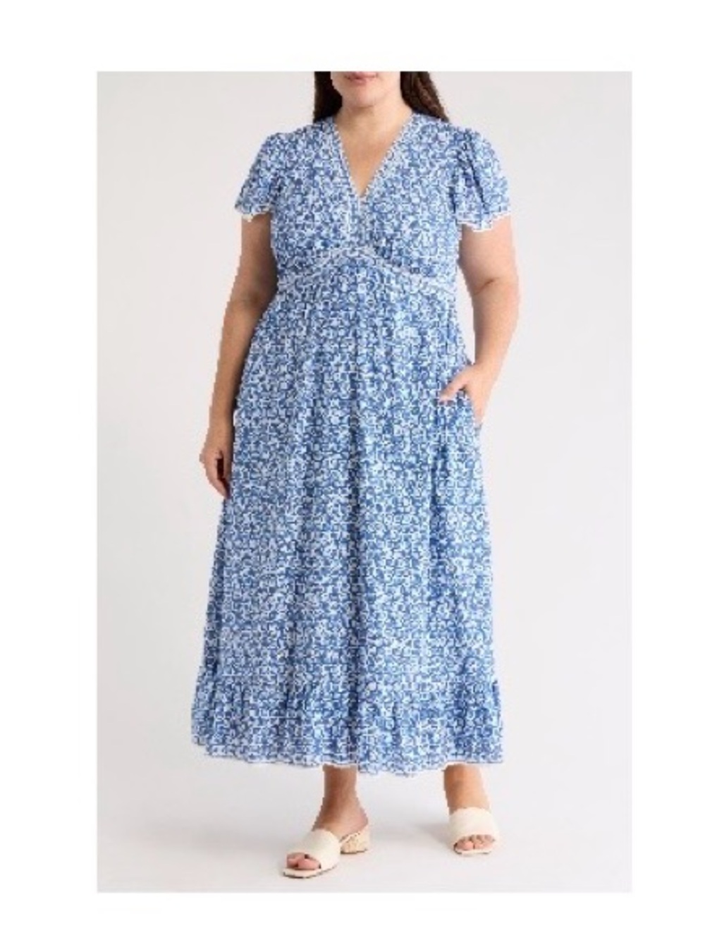 Max Studio Women's Plus Size Flutter Sleeve V-Neck Dress white/blue - NWT sz 1x